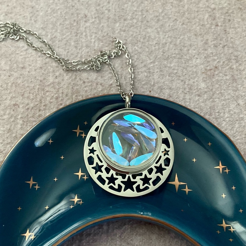 Stars Locket Celestial Pendant Swarovski Crystals Moon Space Galaxy Necklace